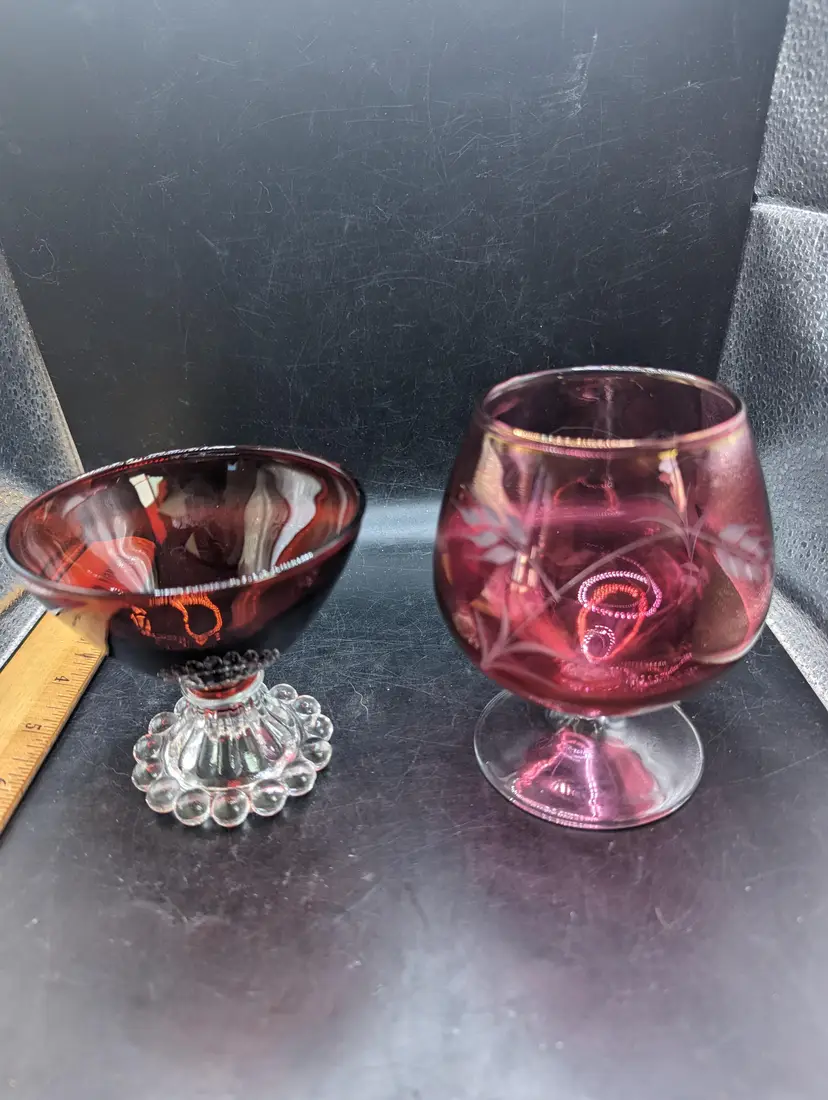 Vintage Lot Of 2 Ruby Red Glass Goblet Snifter and ANCHOR HOCKING Ruby Berwick Boopie Champagne Dessert Glass