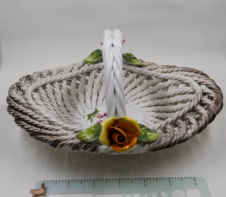 Capodimonte Ceramic Woven Basket with Applied Roses