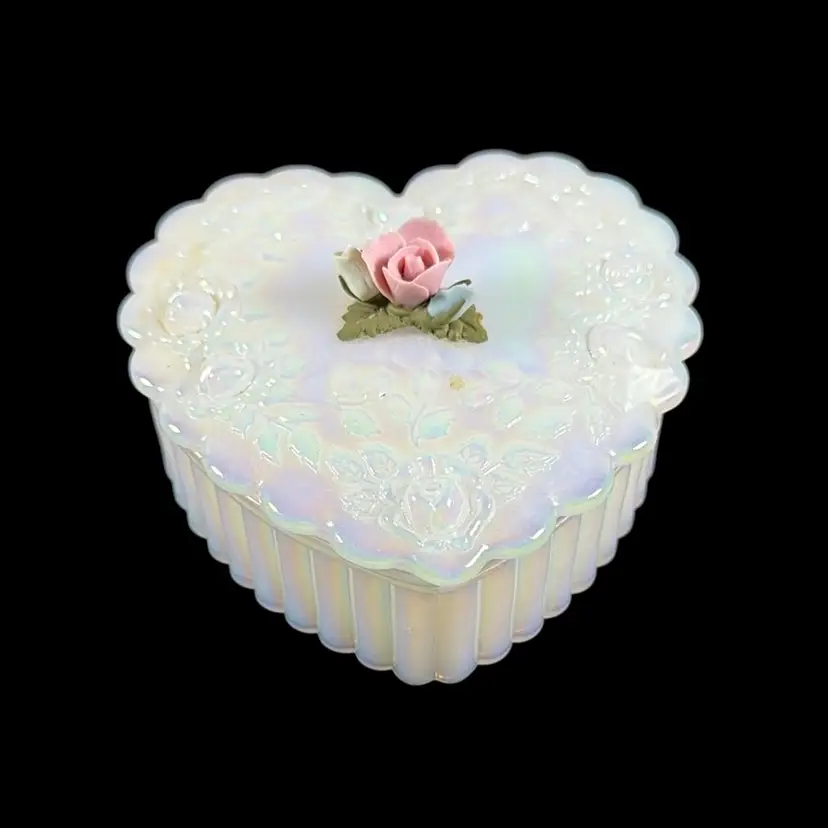 1980s Fenton White Iridescent Cabbage Rose Heart Trinket Box with Applied Ceramic Rose. 4” x 1.5”