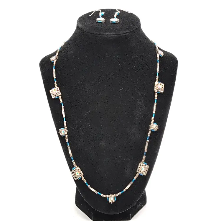 Art Nouveau Delicate Blue Beads, Aurora Borealis Silver Tone Necklace Earrings