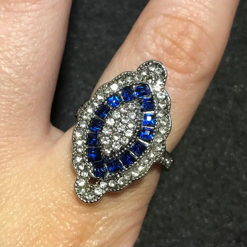 Silver-Tone Blue and Clear Stone Ring Statement Cocktail Ring Size 7.5