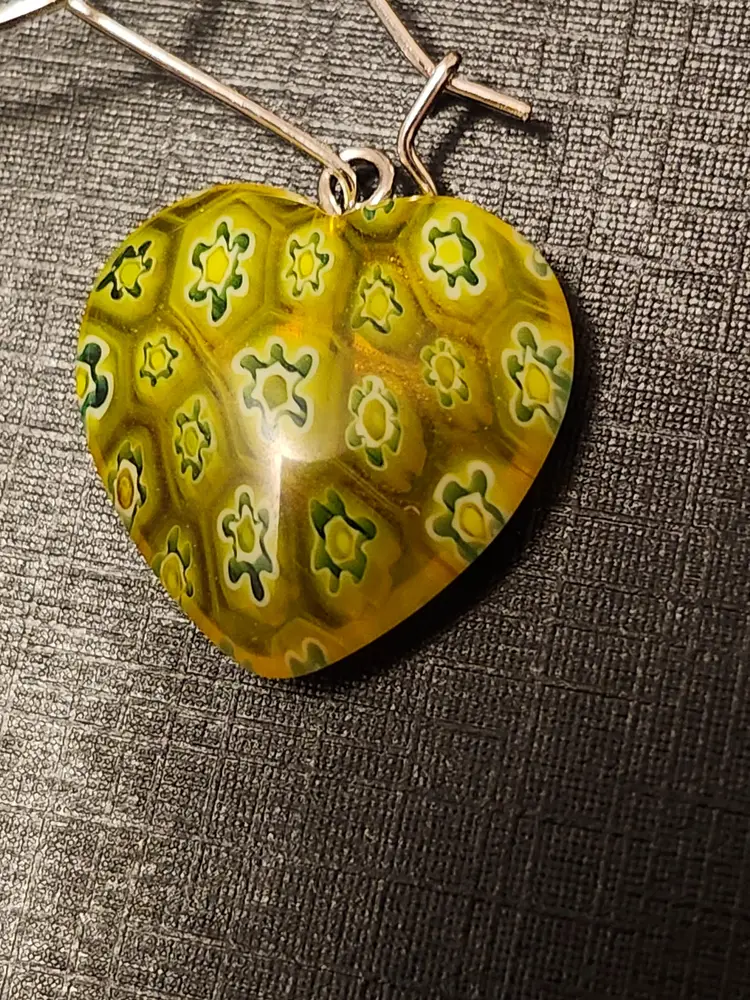 Yellow And Green Millifiori Heart Earrings