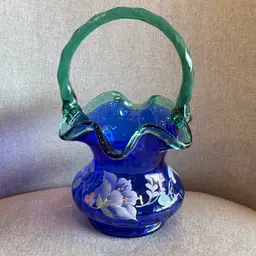 Fenton Cobalt Hand Painted Morning Glory Floral Rib Optic Basket George W. Fenton & M. Kibbe