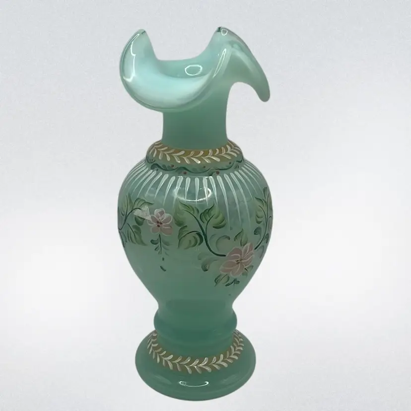 Hand Painted Fenton Art Glass Vase, 9” Tall