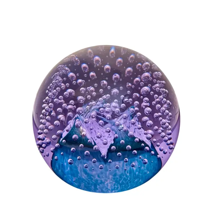 Caithness Glass Paperweight “Cauldron” Scotland – Purple & Teal Controlled Bubble Sphere – Signed 60539 
3”