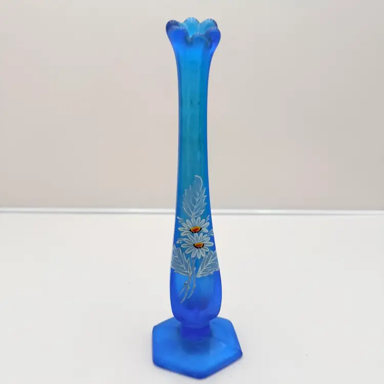 Westmoreland Saying Blue Finish Painted Daisy Small Mini Swung Vase