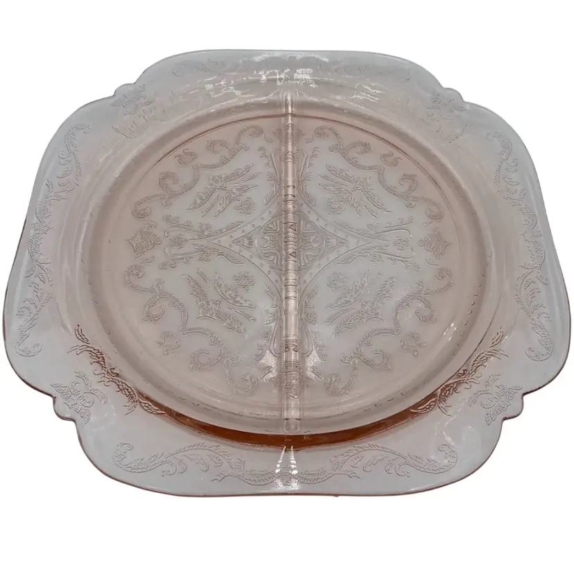 Vintage (30s) Federal Glass Company Divided Plate, Madrid Pattern, Light Pink, Square