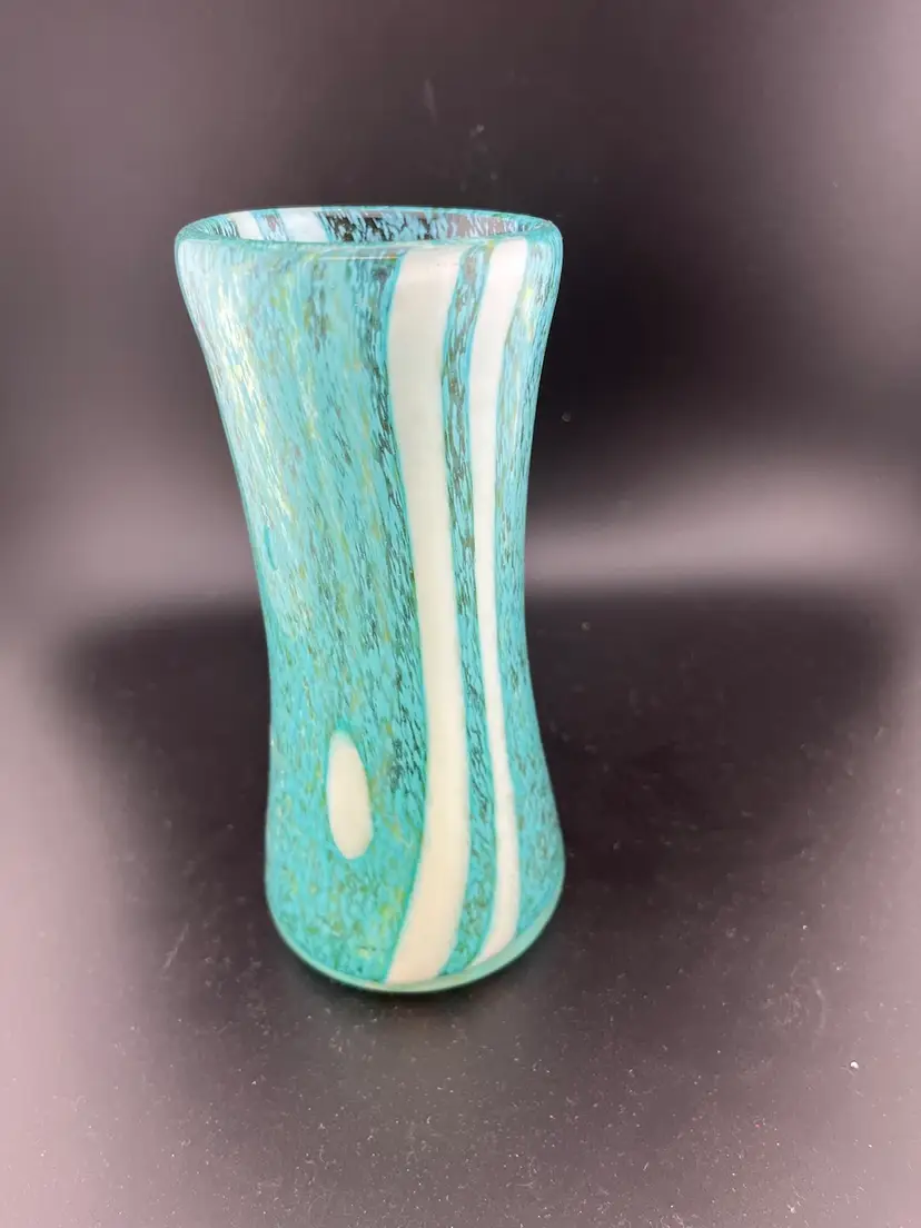 Teal and White lined/splattered art glass vase