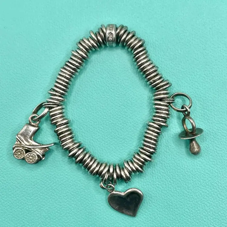 Vintage Genuine Links of London Sterling Silver Sweetie Elastic Bracelet Baby Theme w 3 Charms, Pacifier, Pram/Stroller, Heart - Hallmarked