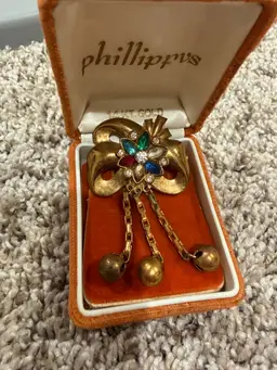 Vintage Gold Toned Multi Colored Rhinestone Brooch