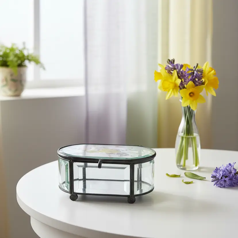 Vintage Oval Glass Trinket Jewelry Box w/ Pressed Flowers & Mirrored Interior