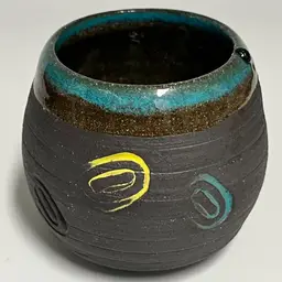 Raku- Studio Art Pottery- Small Pot- Signed MEL or MCL- 2”x2”
