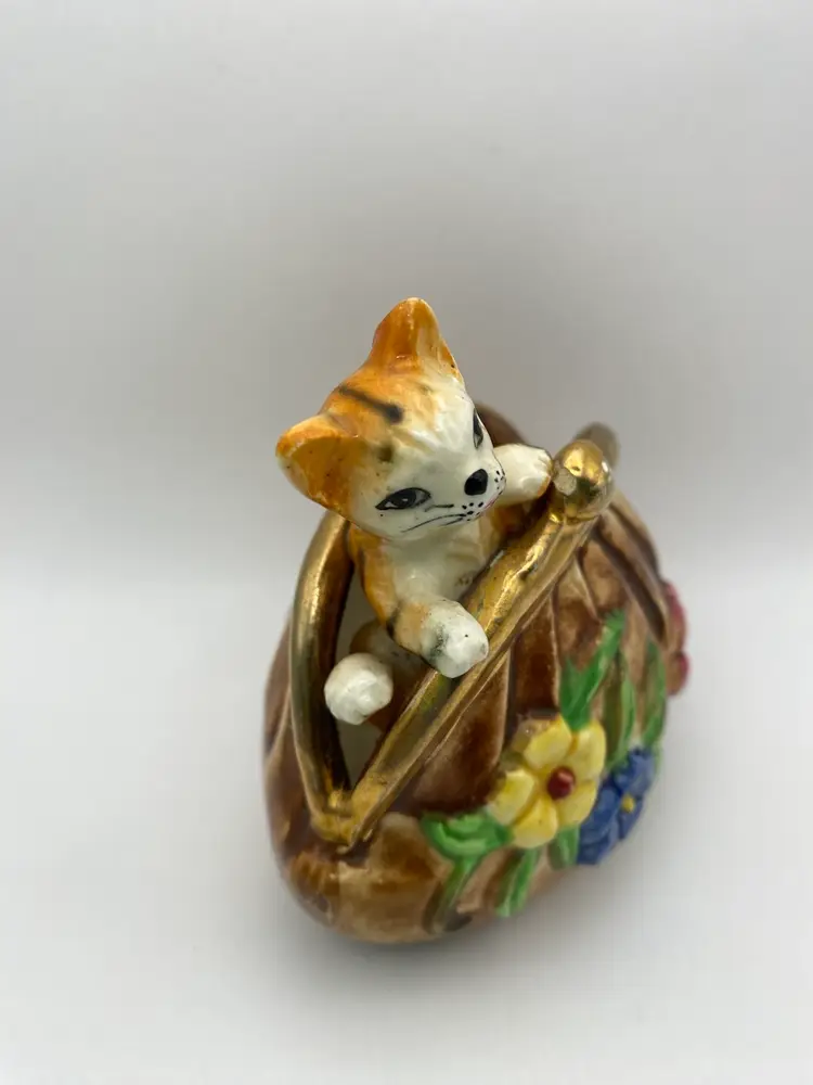 Adorable Vintage Porcelain Cat In Floral Bag