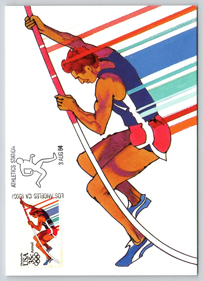 Postcard 1984 Los Angeles Olympic Pole Vaulting First Day Issue Stamp Art - 8972