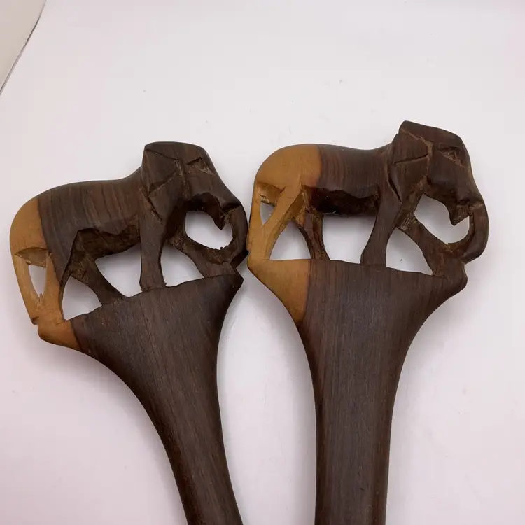 POW4 Salad Tongs Hand Carved Elephant 12”