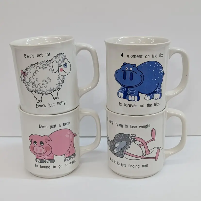 Vintage House of Lloyd Funny Sayings Diet Mug Set 1985 Sheep Pig Hippo Ostrich