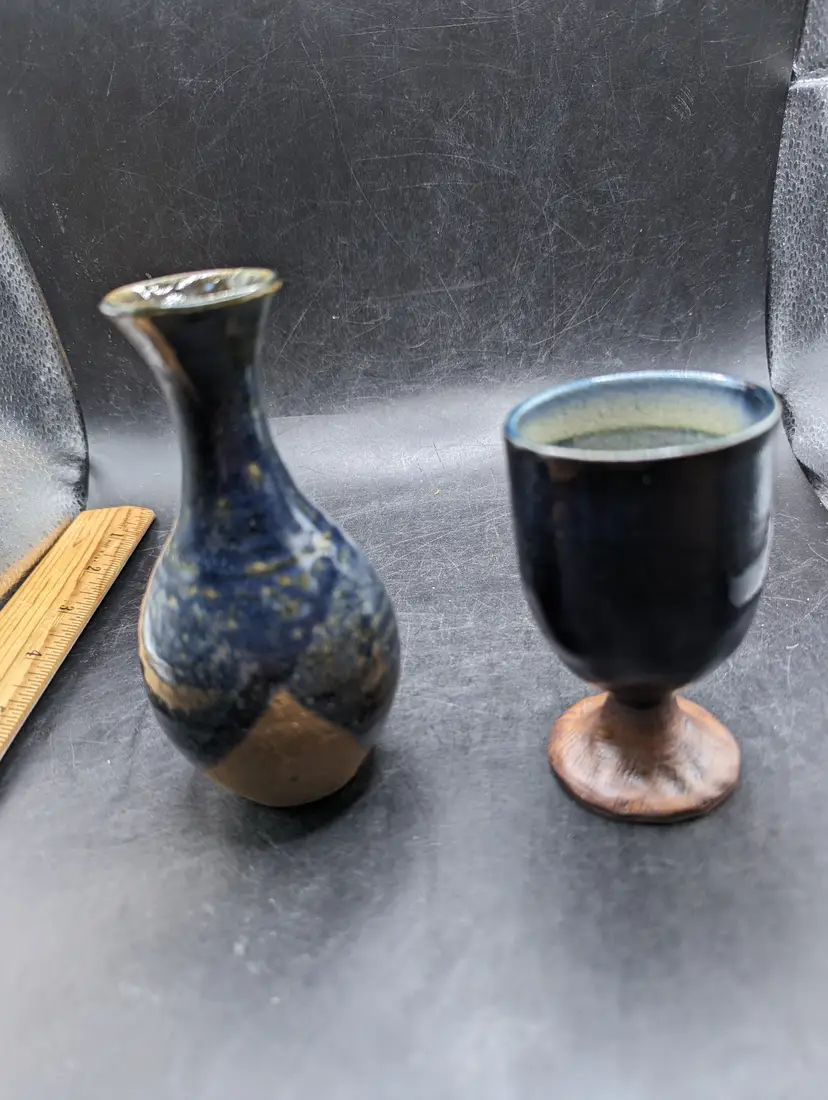 Vintage Lot of 2 Studio Art Pottery One Vase Signed One Goblet