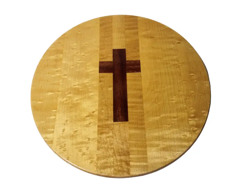 Handmade Wood Turned Cross Trivet 9in Round Felt Bottom Vintage Signed Religious