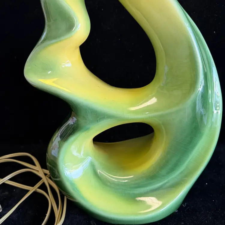 Vintage MCM Abstract Green & Yellow Ceramic Table Lamp 20”
