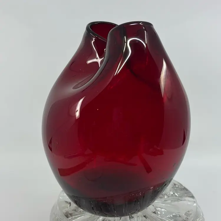 Mid Century Ruby Red Double Pinched Art Glass Vase 6.5”