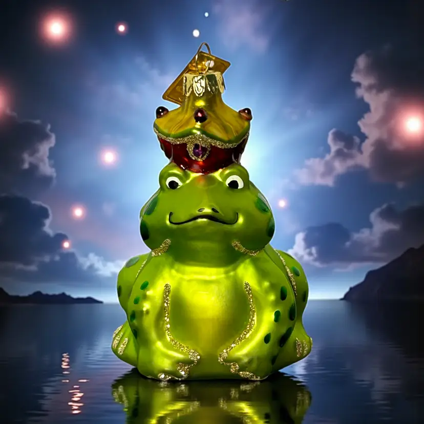 Blown Glass Glitter Christmas Ornament Frog W/Crown Prince  3.5"