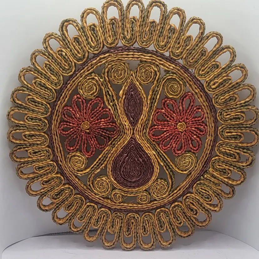 Vintage Woven Straw Wall Decor with Floral Design