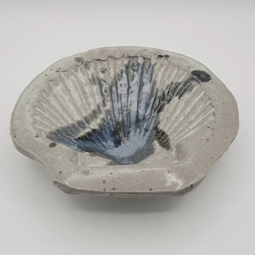 Art Pottery Blue Gray Glazed Seashell Dish Bowl