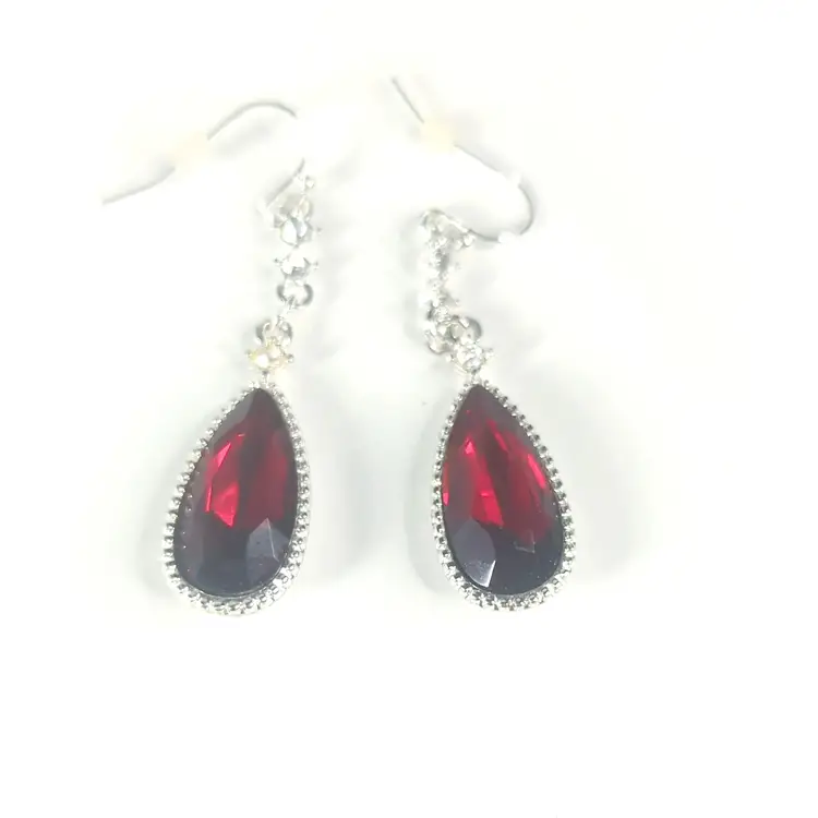 Vintage Silver-Tone & Red Stone Teardrop Rhinestone Dangle Earrings