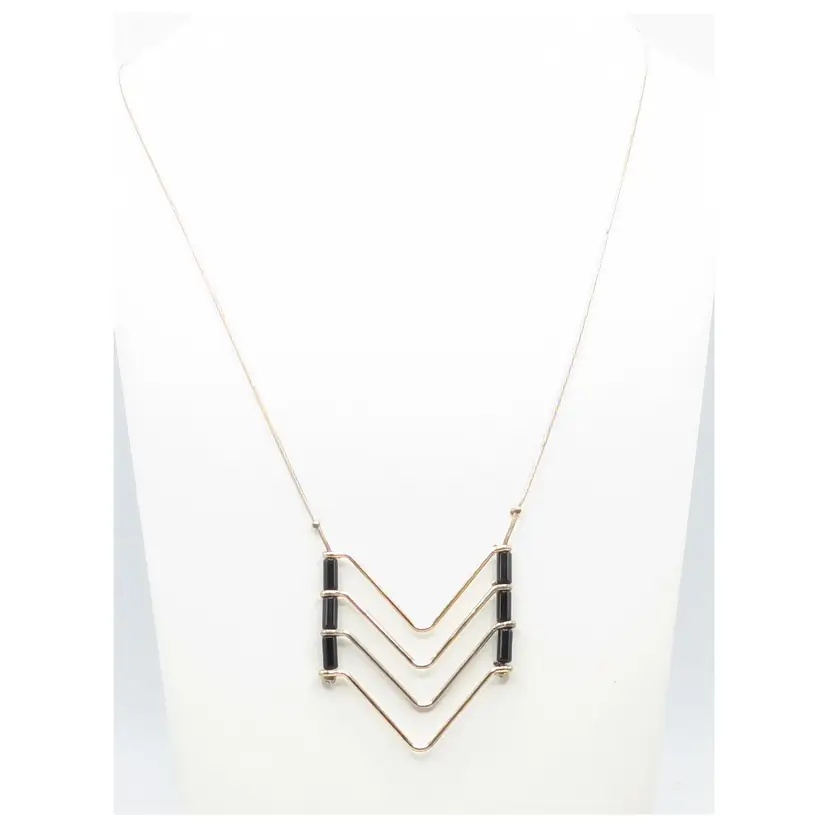 Geometric Chevron Black Bead Necklace Gold Tone