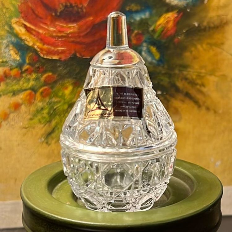 Annahutte Lead Crystal Vtg Pear Shaped Jewelry Trinket Candy Jar West Germany 4.5”