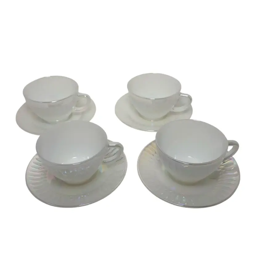 Federal Glass Moonglow Iridescent Cup and Saucer Set! 4 Settings, 8 Pieces!  Produced in the 1960s! 5 1/2” Across Saucers 2 1/2” Tall Cups!