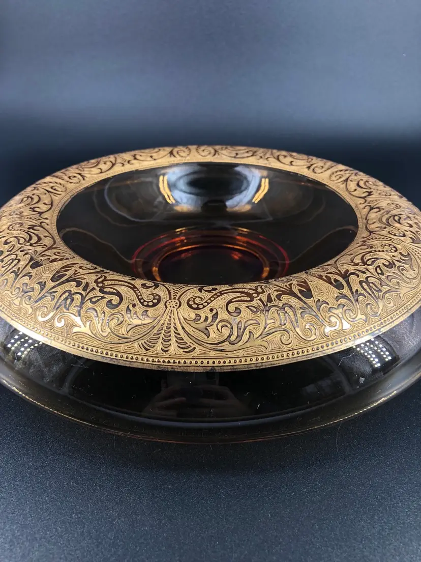 Vintage Glass and Lotus Gold Encrusted Filigree Art Deco Border Compote