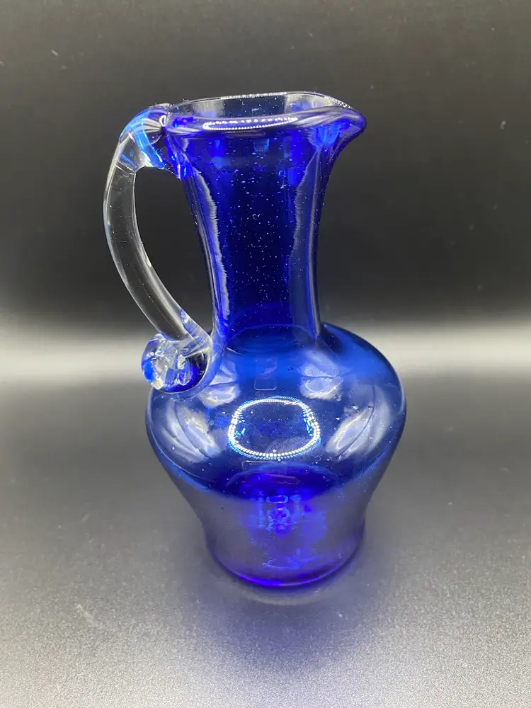 Hand Blown Cobalt Blue Glass Art Mini Pitcher With Applied Clear Glass Handle