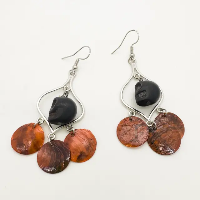 Halloween Black Skull Orange Shell Dangle Earrings, Handmade