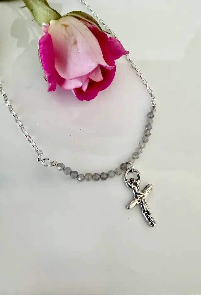 Sterling Silver Artisanal Cross On Rutilated Quartz Beaded Sterling Silver Rolo Necklace