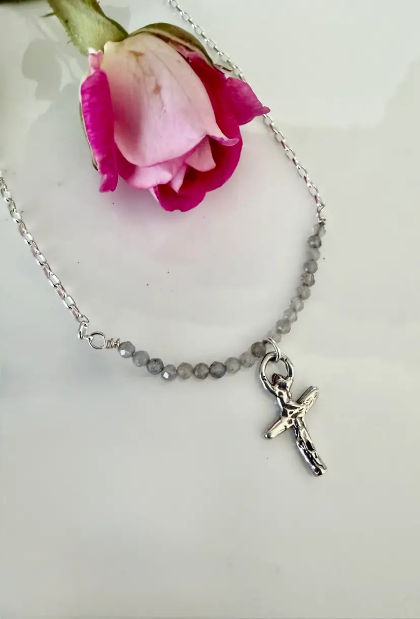 Sterling Silver Artisanal Cross On Rutilated Quartz Beaded Sterling Silver Rolo Necklace
