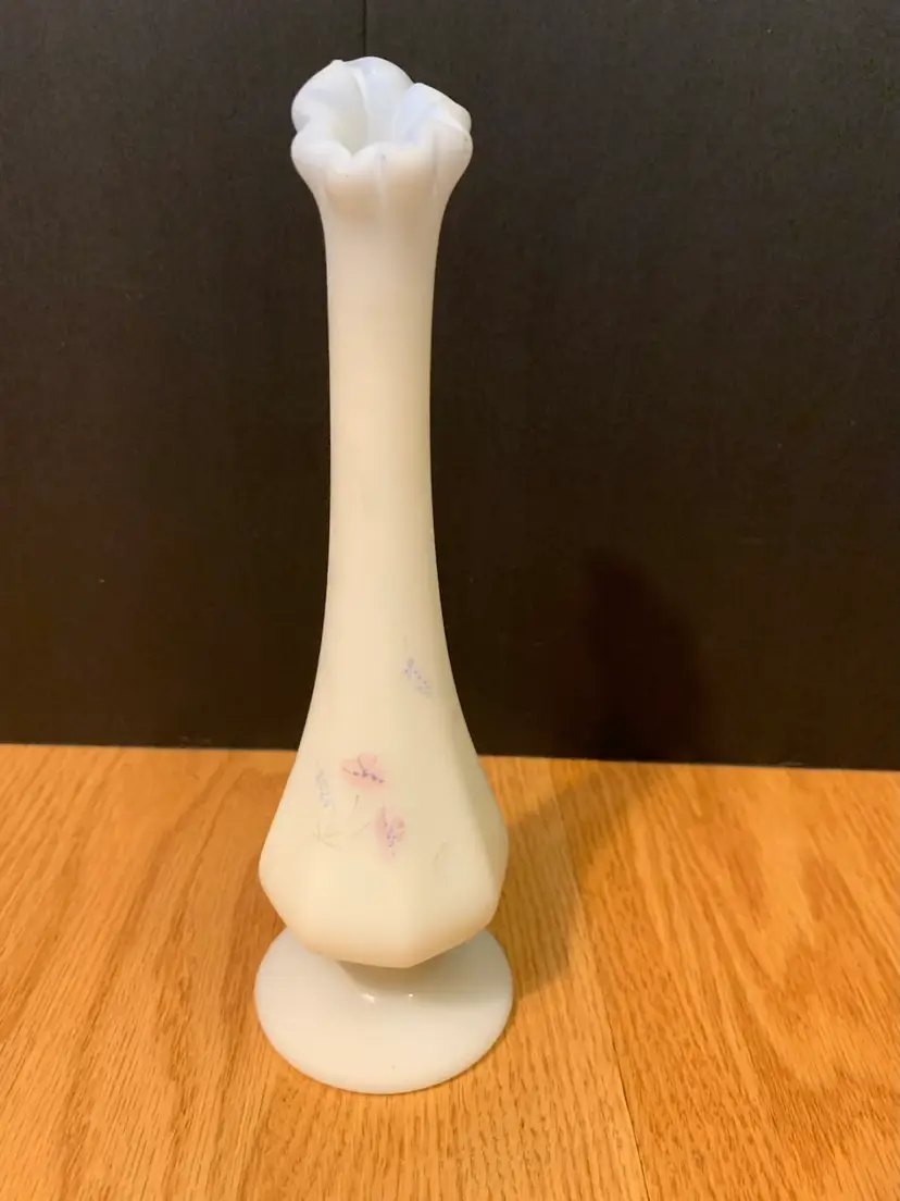 Fenton Custard Glass Blue To Ivory Signed J. Stevens 8 X 2 1/2 Inches