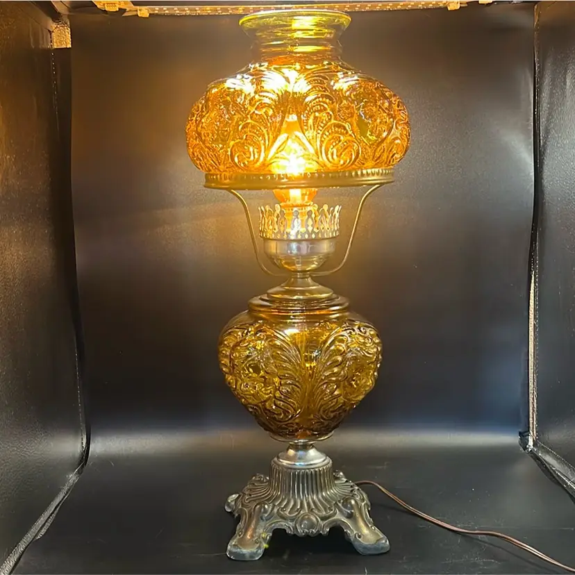 Vintage Fenton Putti Cherubs Amber Colored Lamp with Embossed Glass & Brass