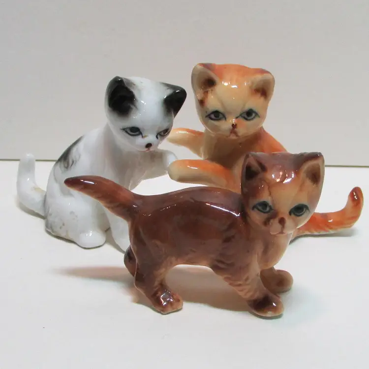 vintage lot 3 kittens figures miniatures bone china cat orange tan black white kitty figurines