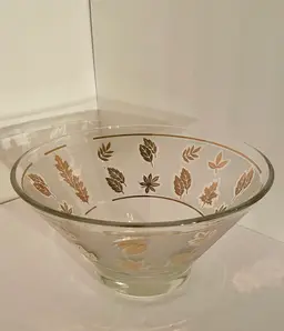 Mid Century Modern Salad Bowl With Gold Leaves 10.5” Libbey