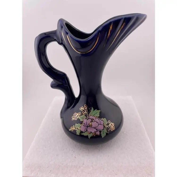 #01 Vintage Cobalt Blue Floral Asian Vases/Vessel  with Gold Gilt Accents