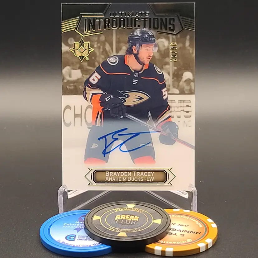 Brayden Tracey Rookie Auto 2022-23 Upper Deck Ultimate Collection Ultimate Introductions Gold Autograph Parallel Card Numbered 30/50 #UI-12 - Anaheim Ducks