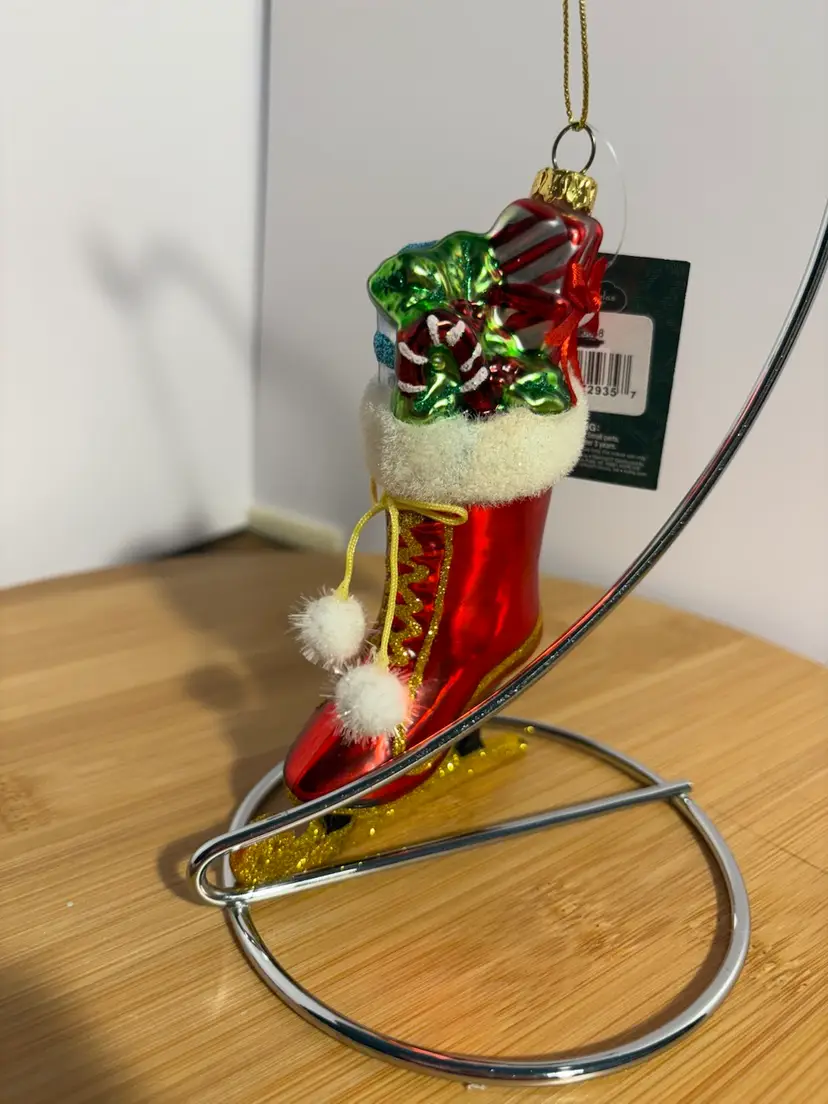 Stocking W/Gifts Presents Faux Fur Trim Pom Poms Blown Glass Christmas Ornament