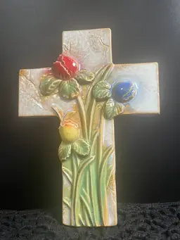#01 Ceramic Beautifully Glazed Cross w/ Irises. Would be beautiful for Easter and Spring!