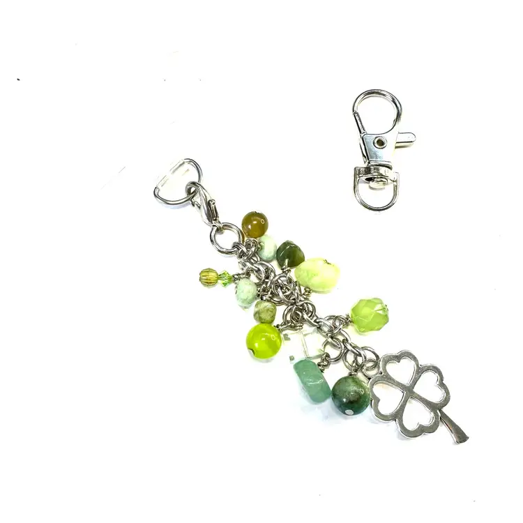 Four Leaf Clover Charm Shades Of Green Beaded Phone Or Purse Charm Repurposed Jewelry Made By Me 3”