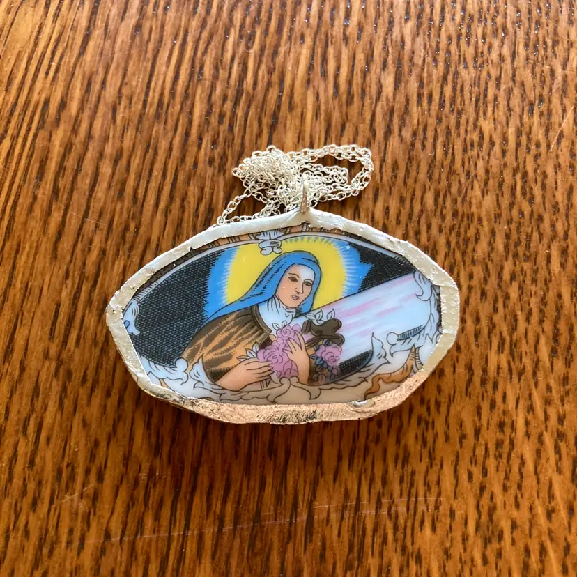 Broken Pottery Artisan Made Pendant Christian Religious Plate Handcrafted Necklace 1.5 in x 2.25 in