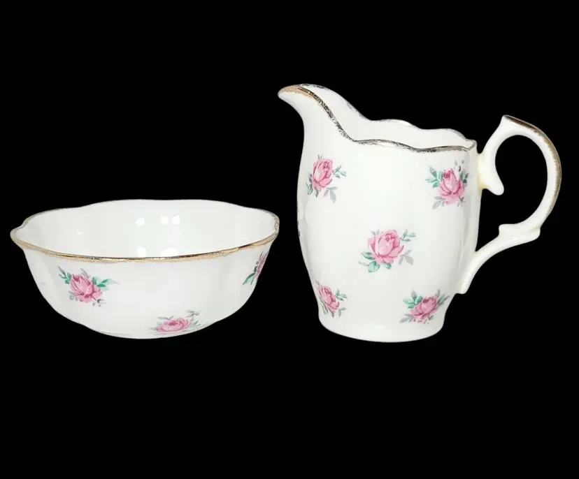 Vintage Jason Creamer and Open Sugar Bowl Pink Bud Roses  Gold Trim England