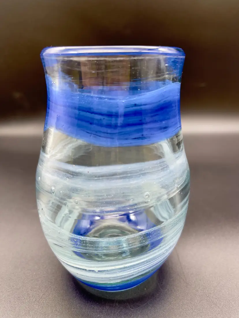 Vintage Mexican recycled hand-blown art glass vase.  Shades of blue