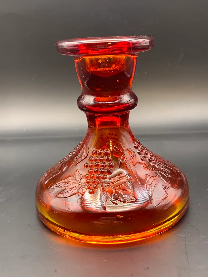 Amberina Glass Candlestick Holder Grapes and Leaves