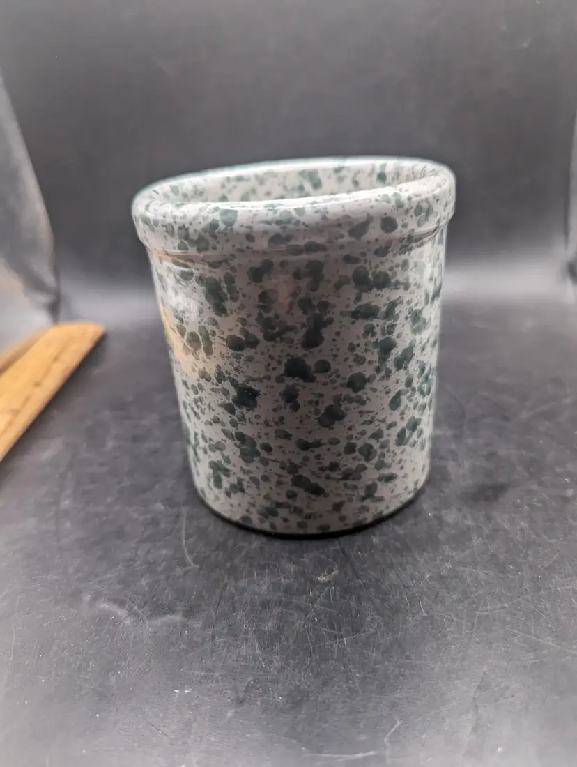 Vintage Green Spongeware Pottery Crock 4" No Maker's Mark